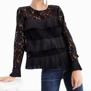 J. Crew Women's Ruffle Tiered Lace Pleated Top Black Size 4 TALL Dressy Blouse